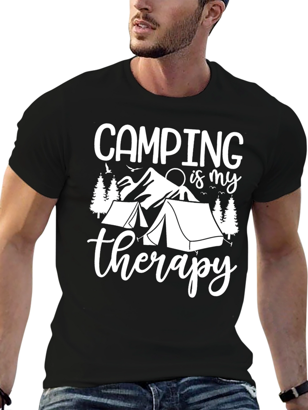 Camping Therapy Graphic Tee - Black Cotton T-Shirt