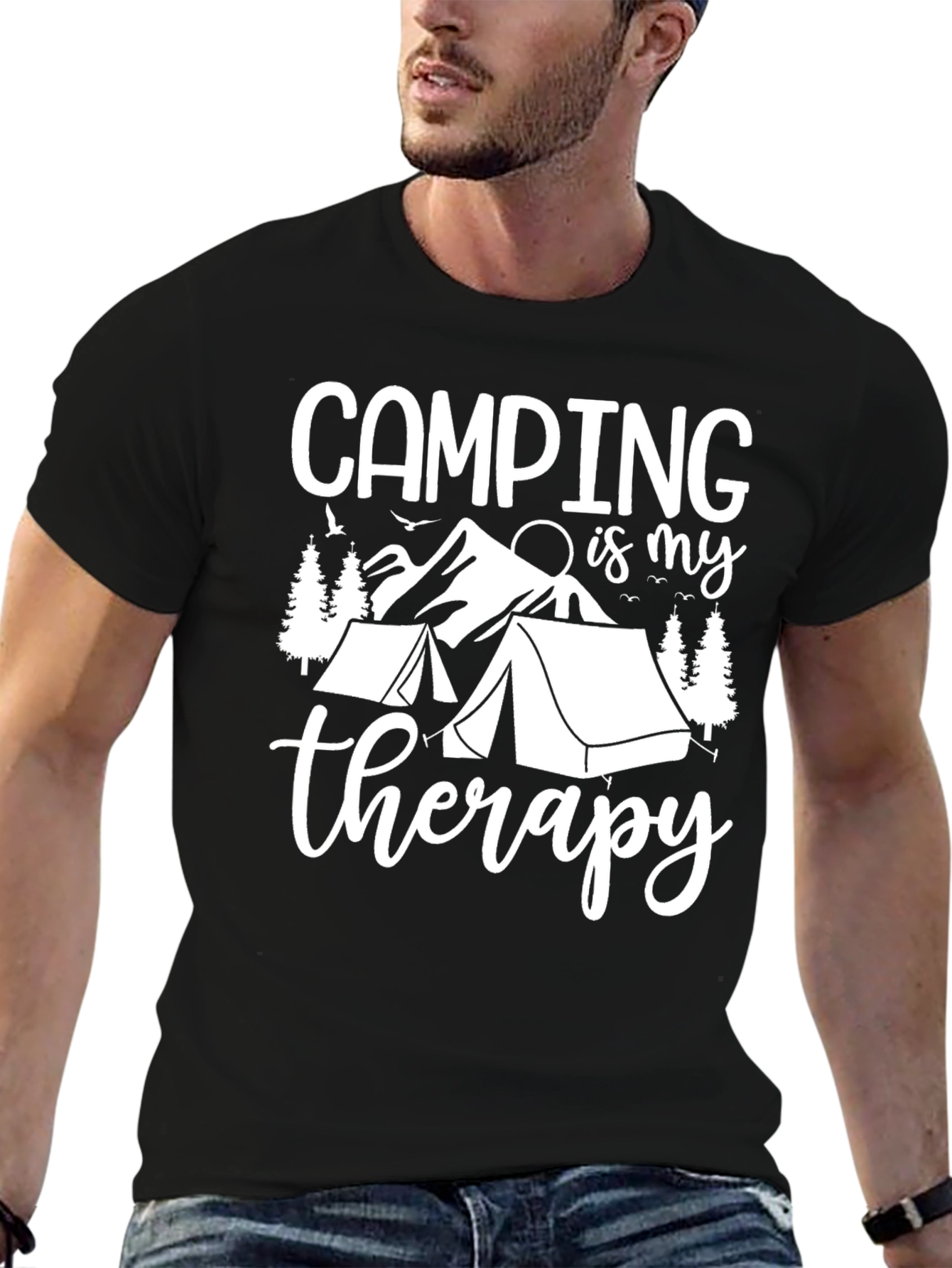Camping Therapy Graphic Tee - Black Cotton T-Shirt