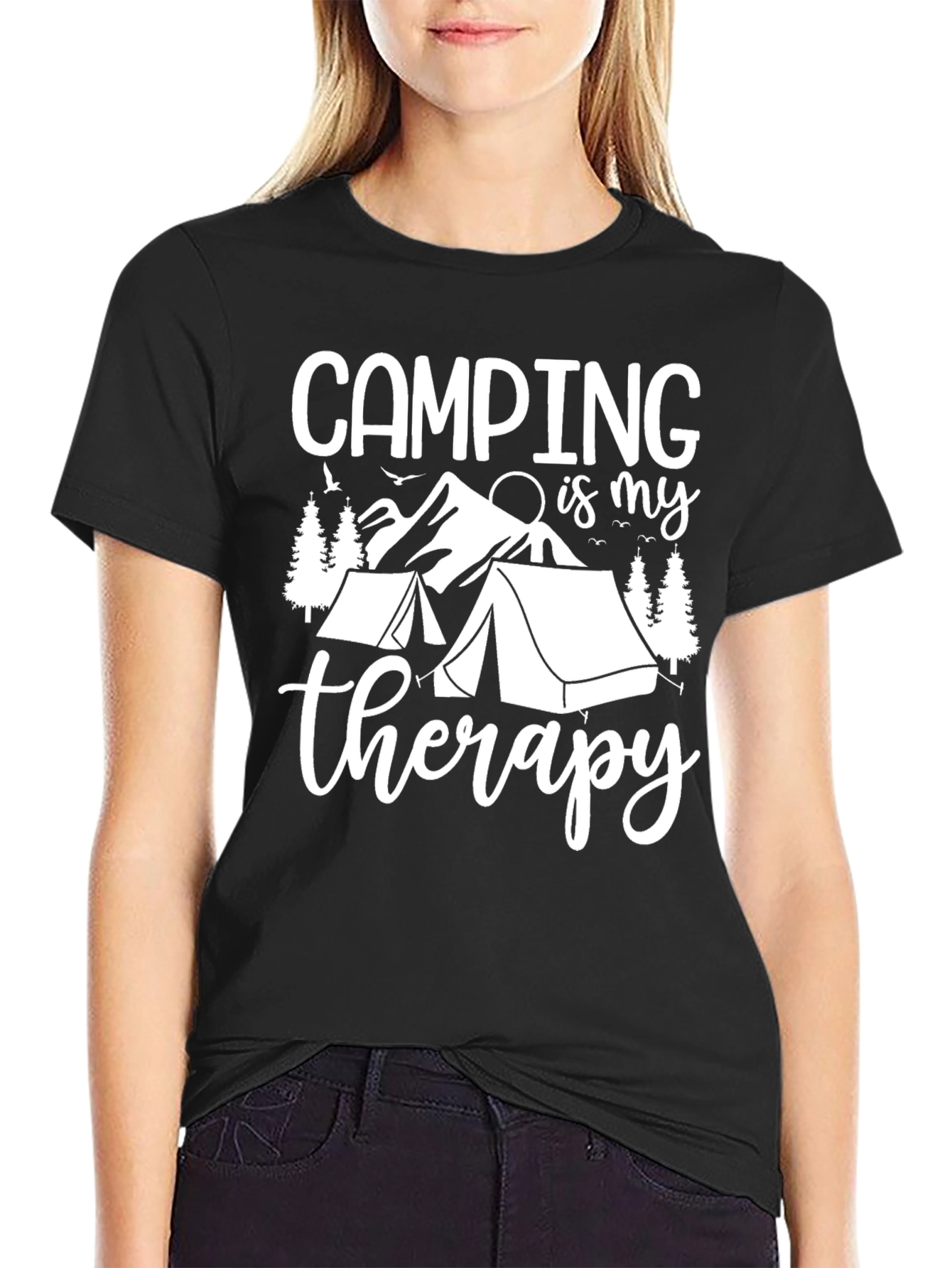 Camping Therapy Graphic Tee - Black Cotton T-Shirt