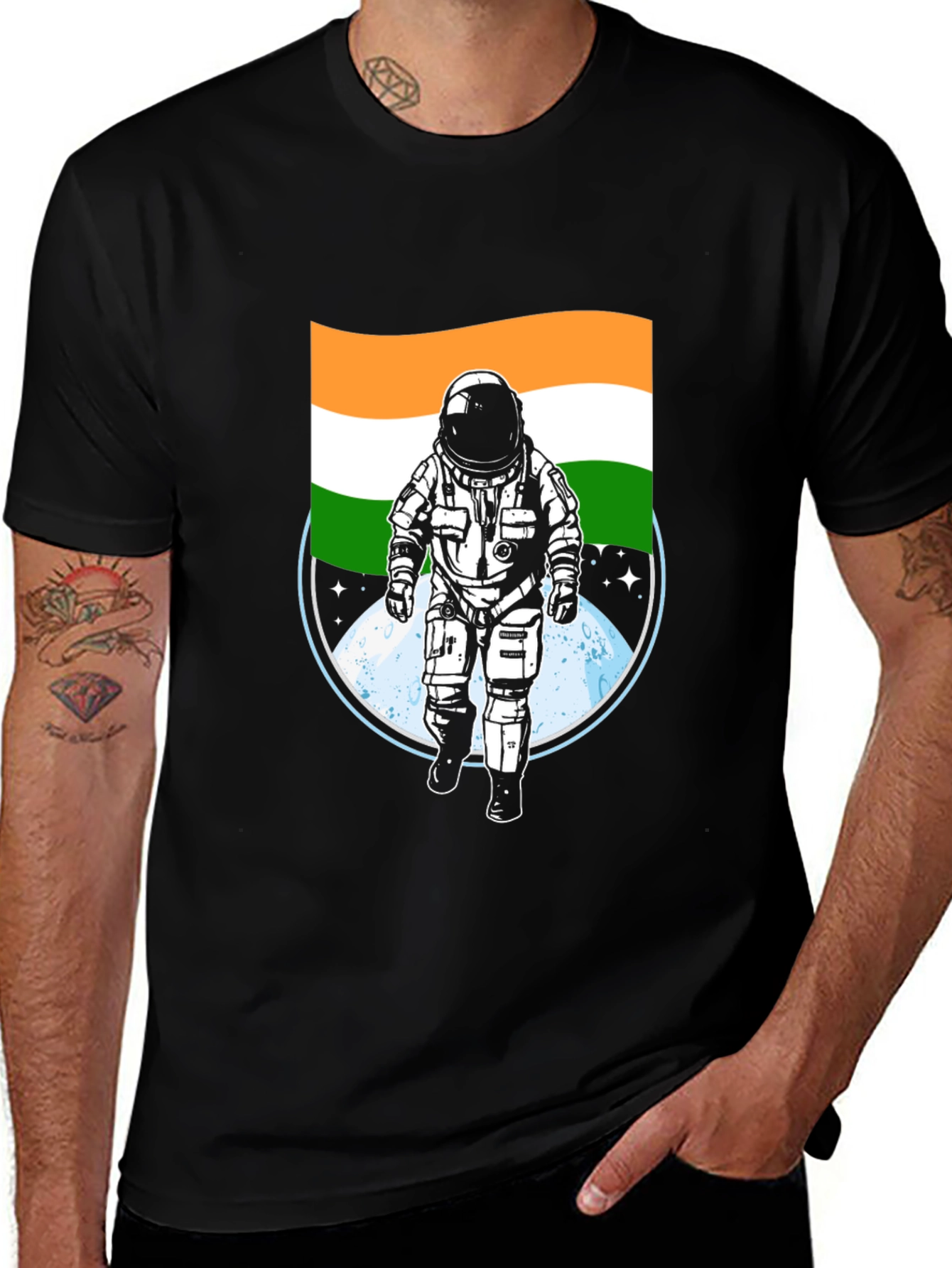 Astronaut India Flag Graphic Tee - Black