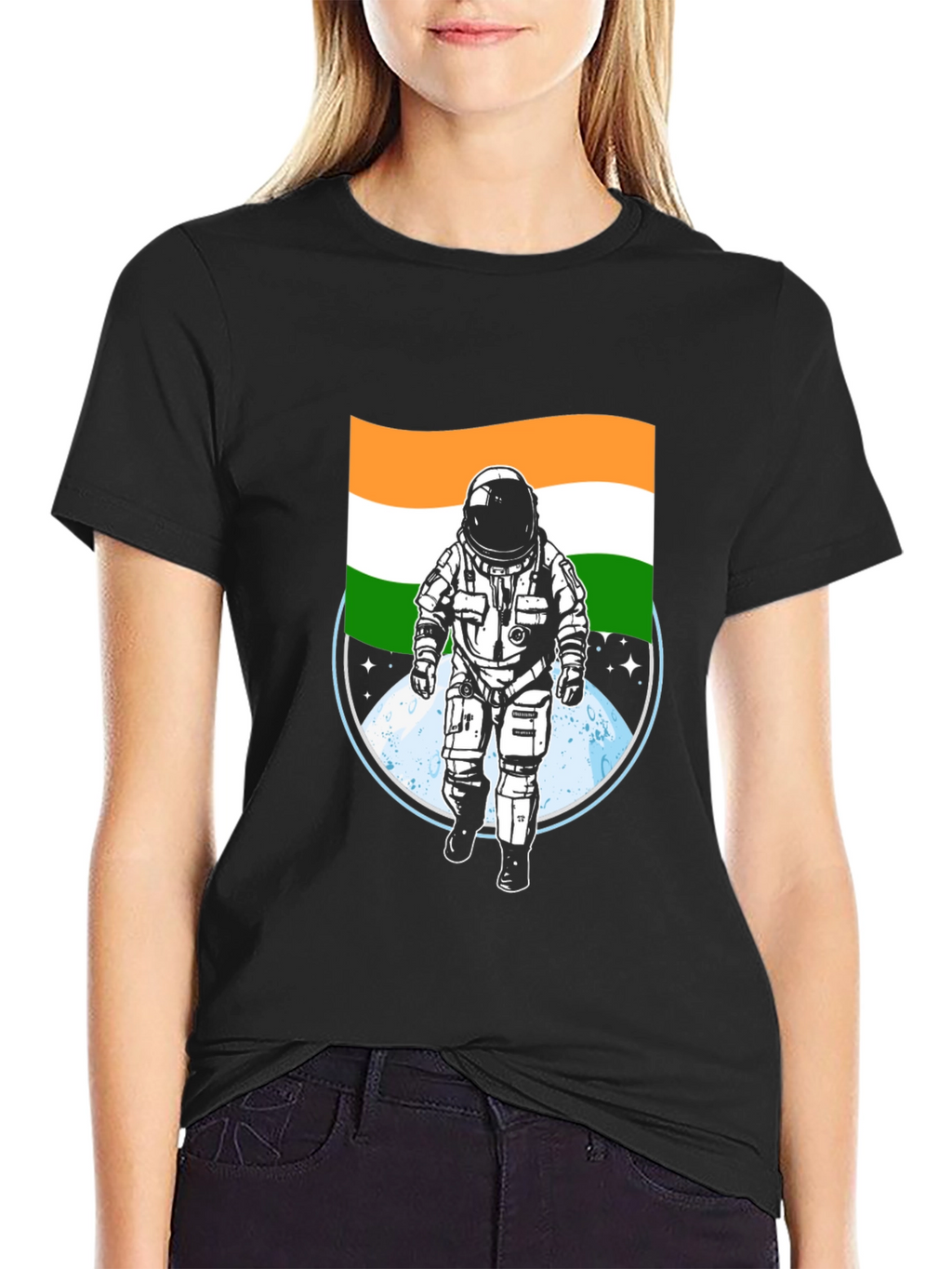 Astronaut India Flag Graphic Tee - Black
