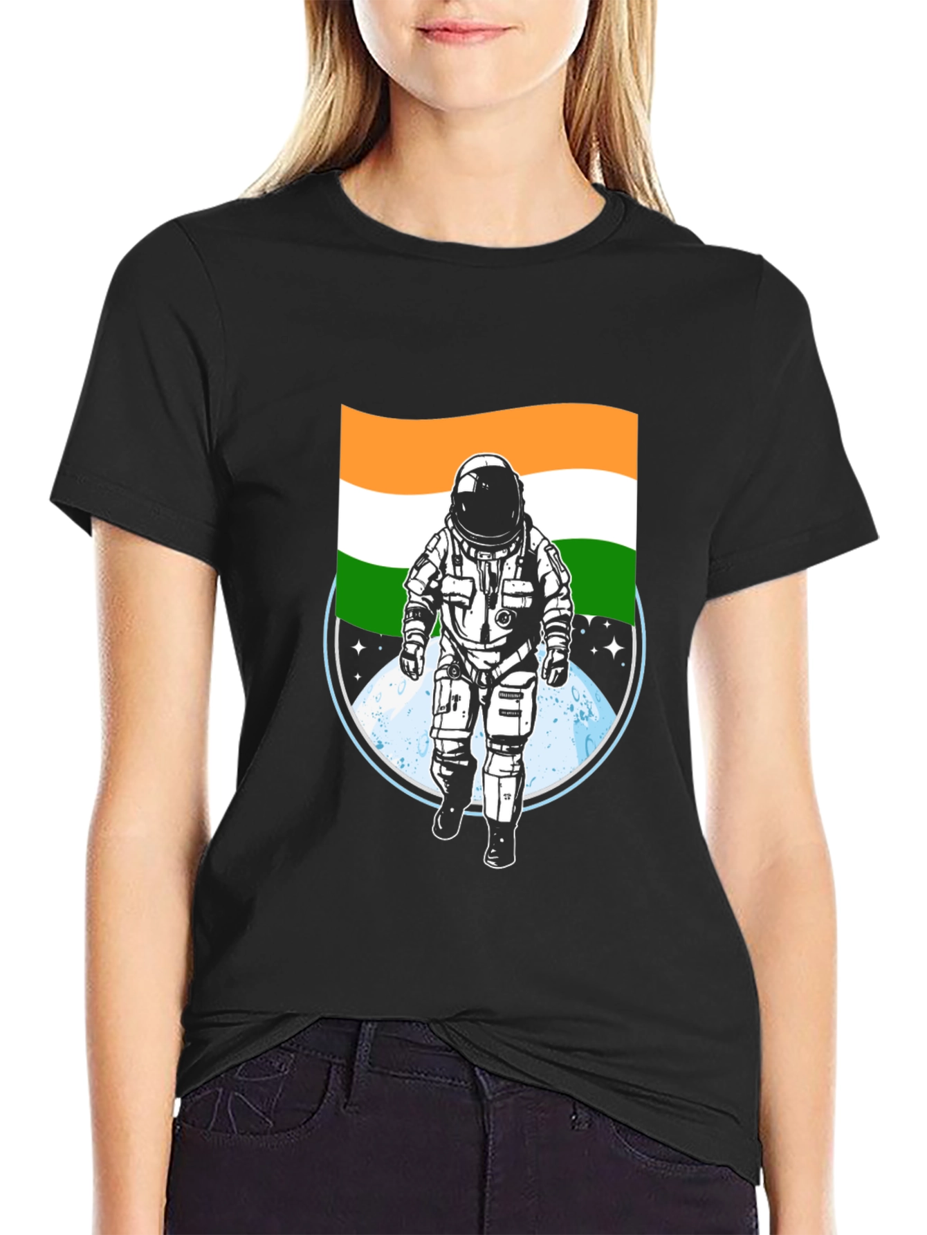 Astronaut India Flag Graphic Tee - Black