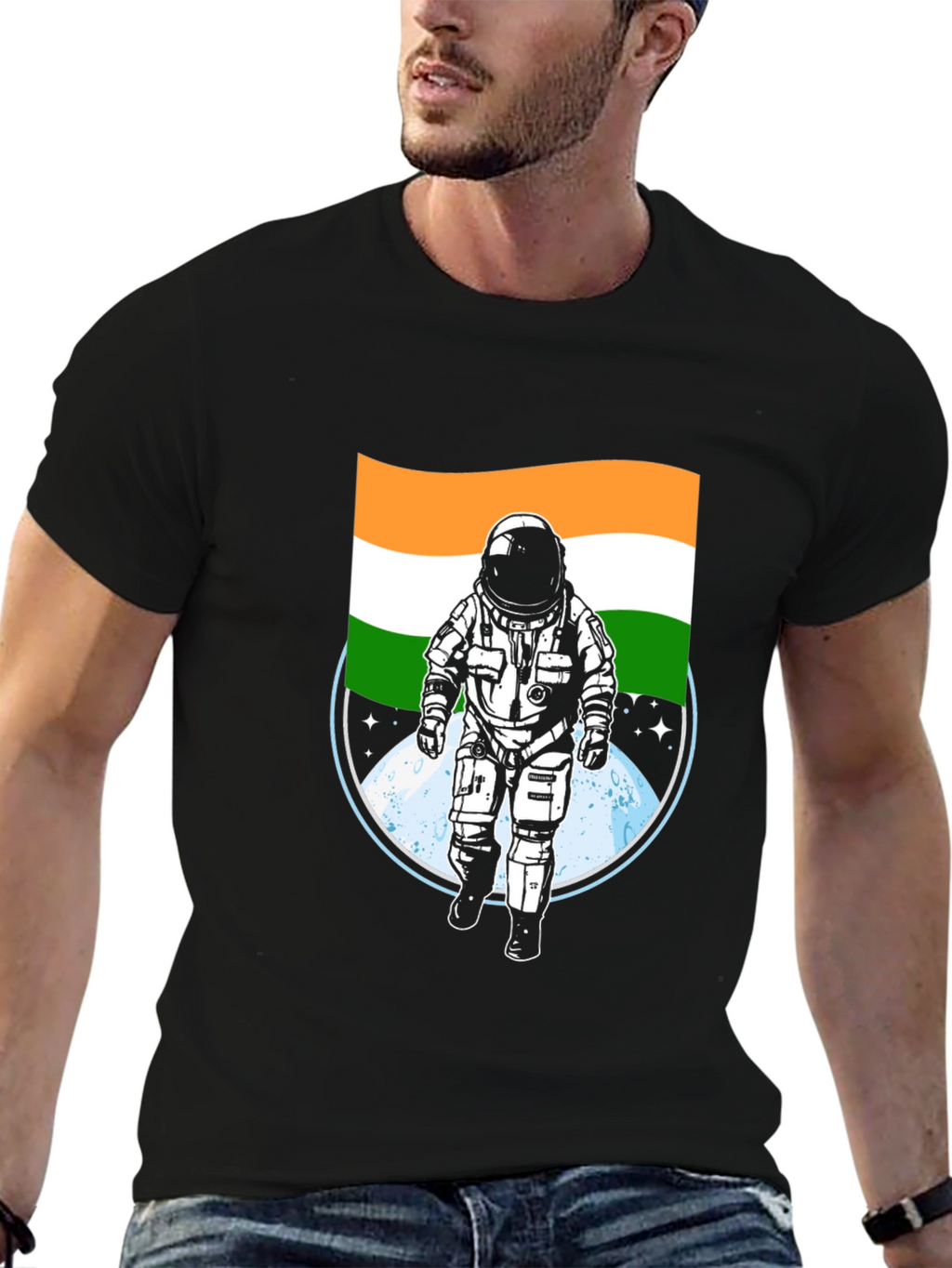 Astronaut India Flag Graphic Tee - Black