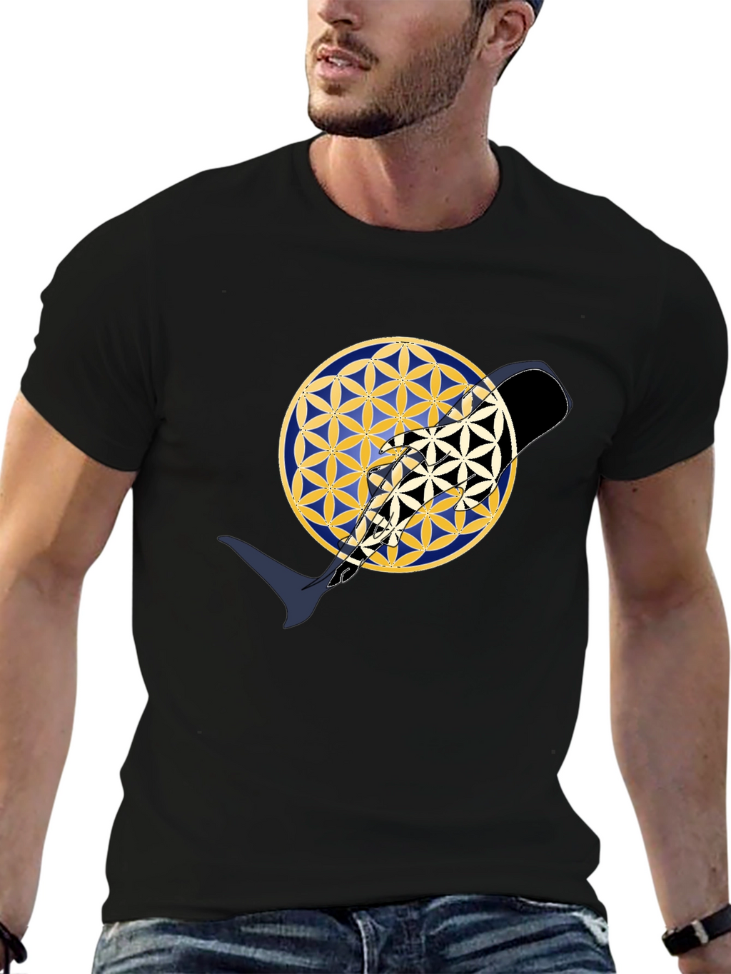 Abstract Whale Yin Yang Flower of Life Black T-Shirt