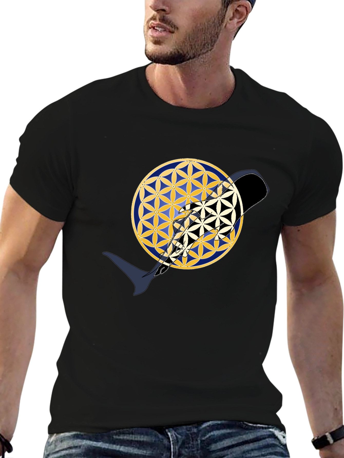 Abstract Whale Yin Yang Flower of Life Black T-Shirt