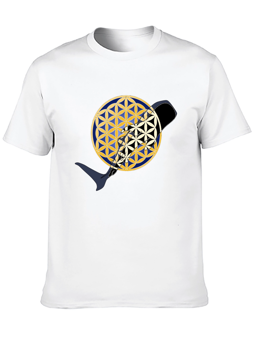 Abstract Whale Yin Yang Flower of Life Black T-Shirt