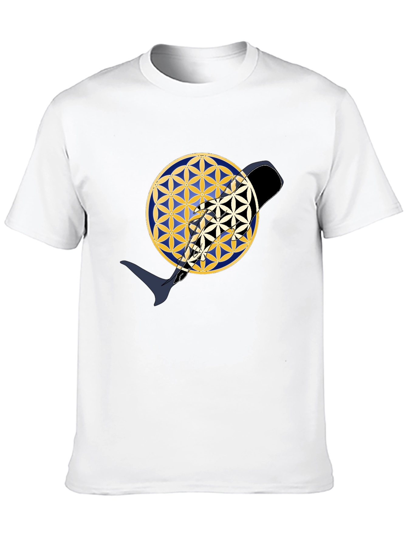 Abstract Whale Yin Yang Flower of Life Black T-Shirt