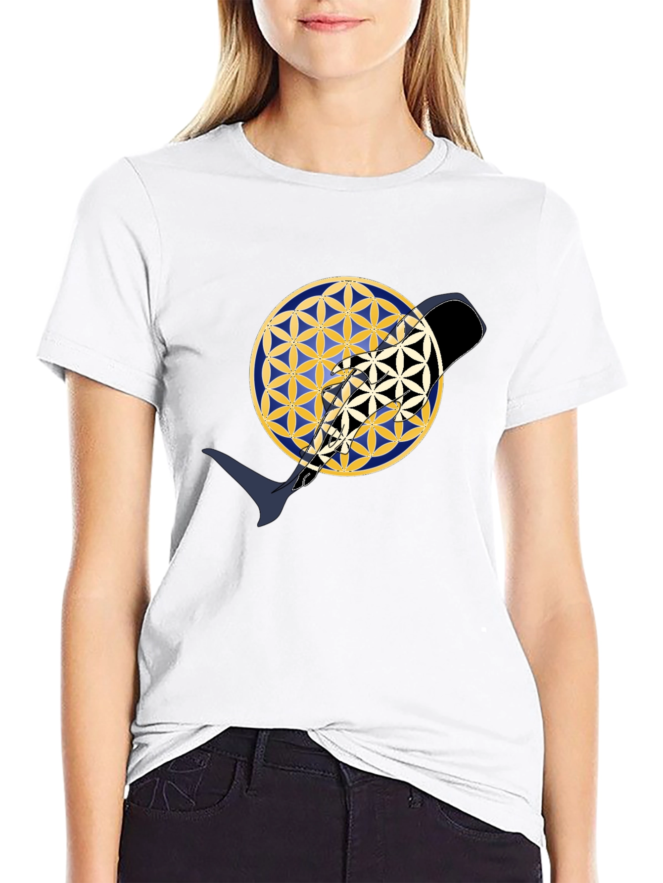Abstract Whale Yin Yang Flower of Life Black T-Shirt