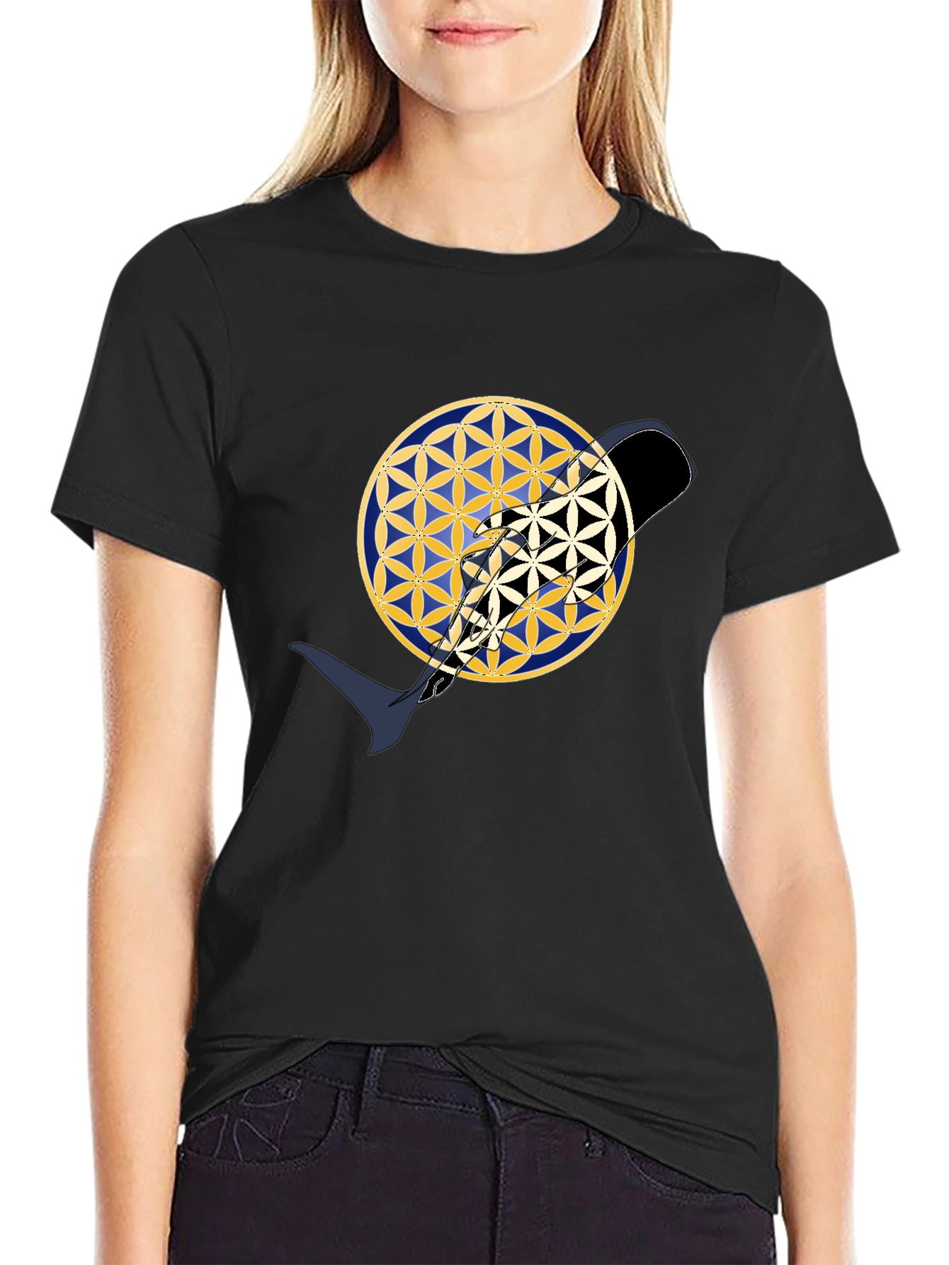 Abstract Whale Yin Yang Flower of Life Black T-Shirt