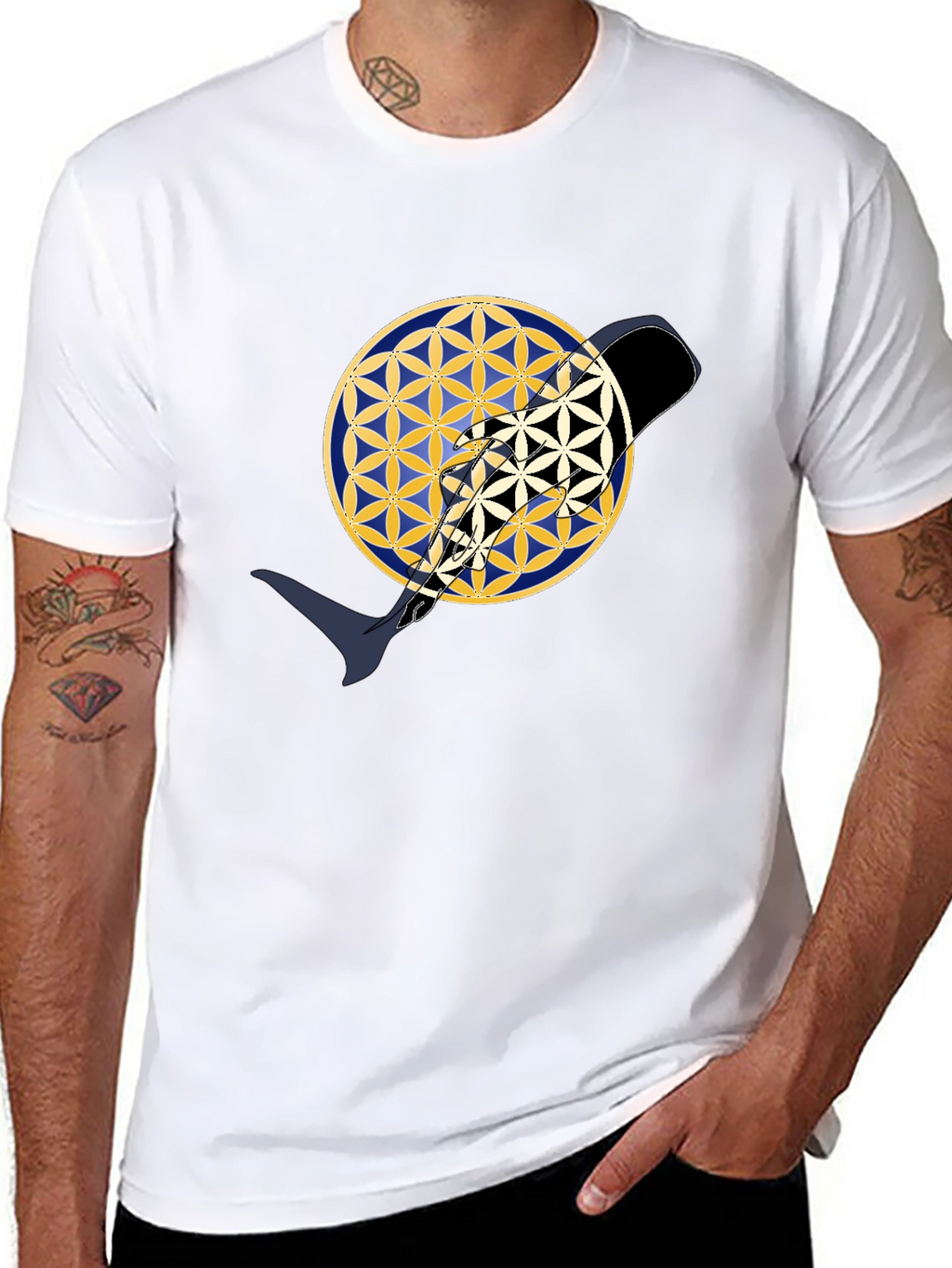 Abstract Whale Yin Yang Flower of Life Black T-Shirt