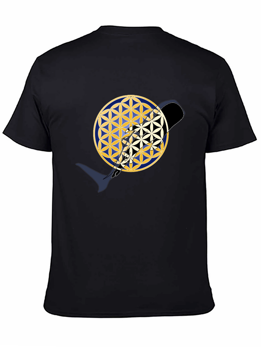 Abstract Whale Yin Yang Flower of Life Black T-Shirt