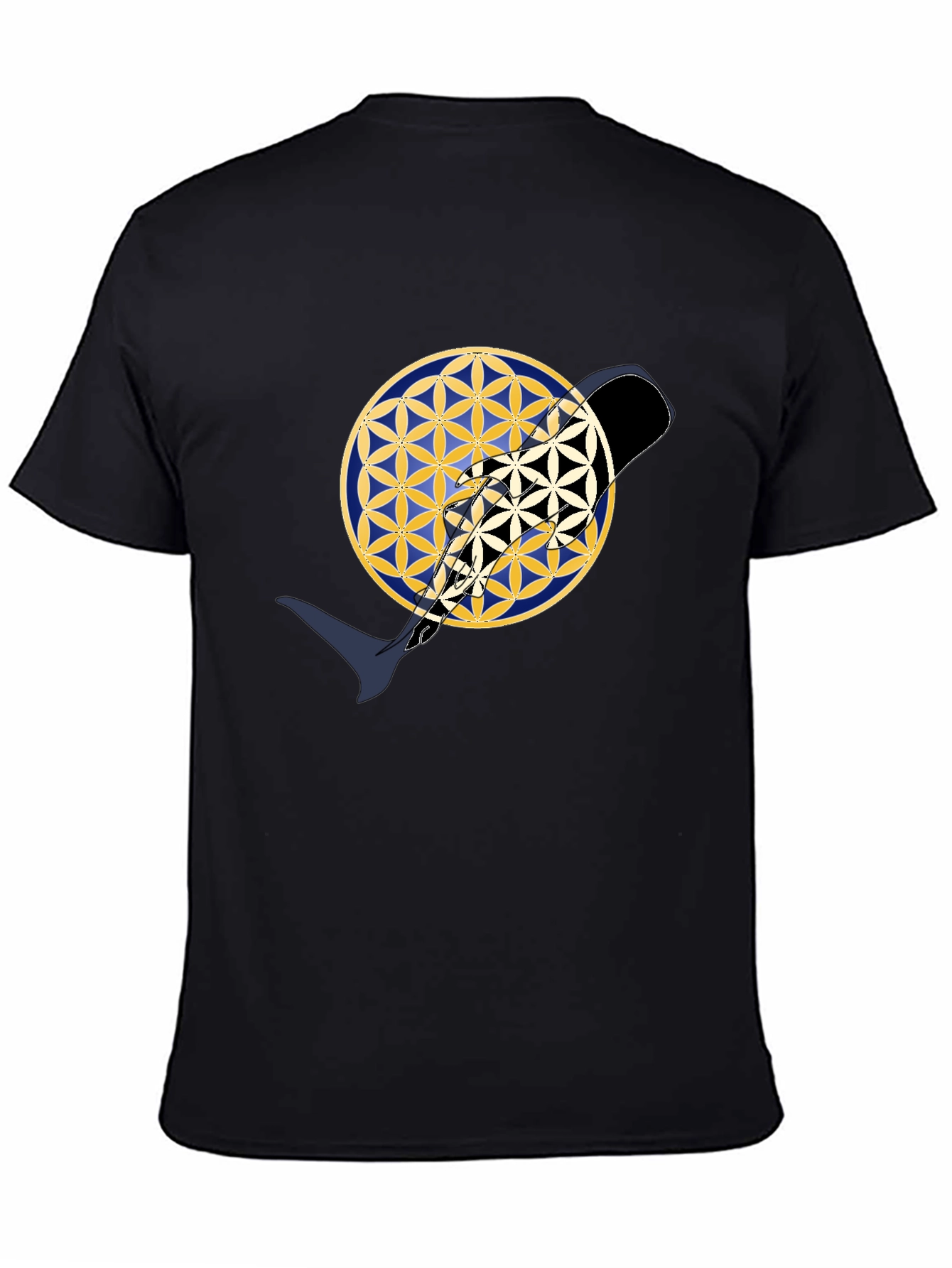 Abstract Whale Yin Yang Flower of Life Black T-Shirt