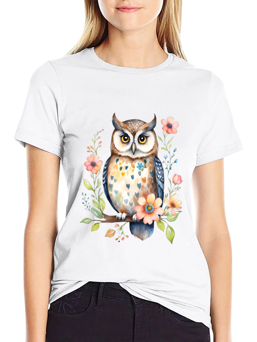 Owl and Floral Black T-Shirt