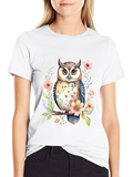 Owl and Floral Black T-Shirt