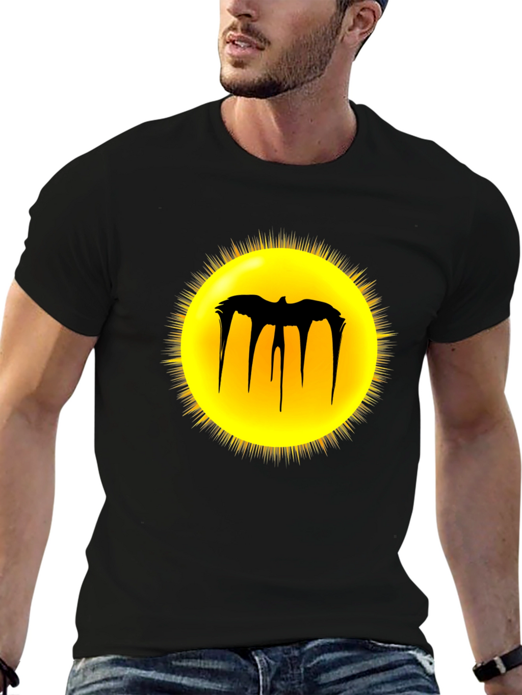 Black Graphic Tee - Melting Bat Sun Design