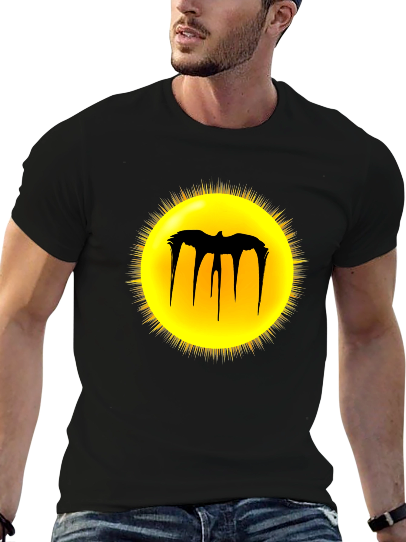 Black Graphic Tee - Melting Bat Sun Design