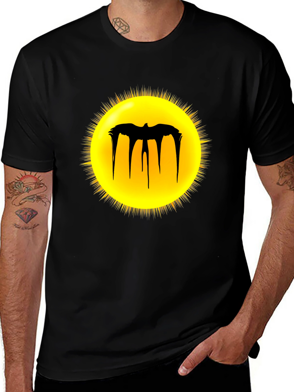 Black Graphic Tee - Melting Bat Sun Design