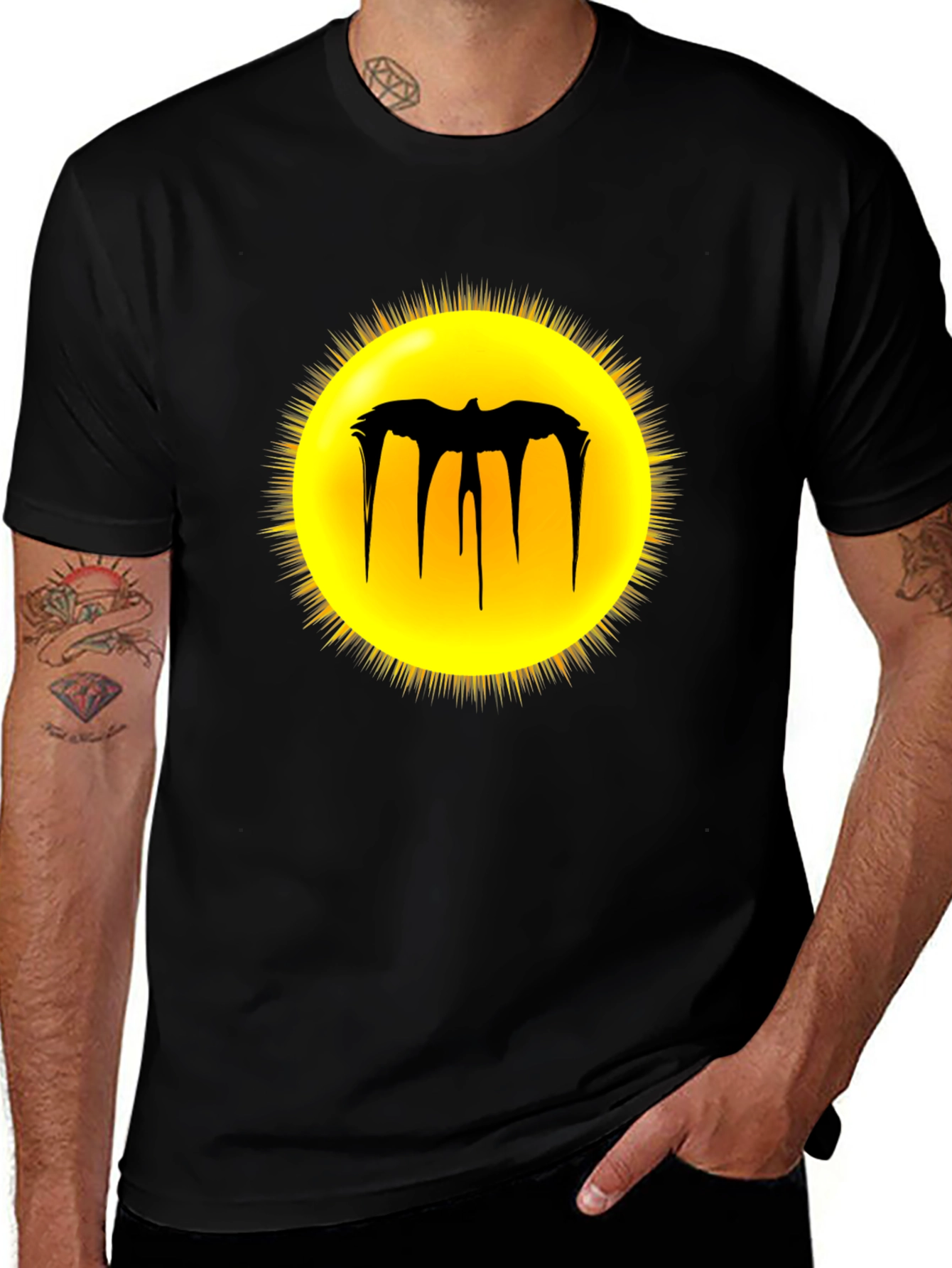 Black Graphic Tee - Melting Bat Sun Design