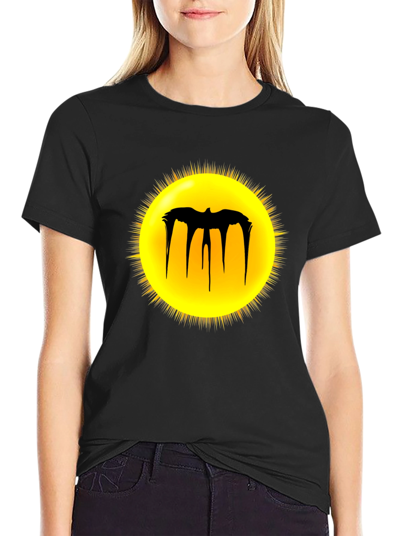 Black Graphic Tee - Melting Bat Sun Design