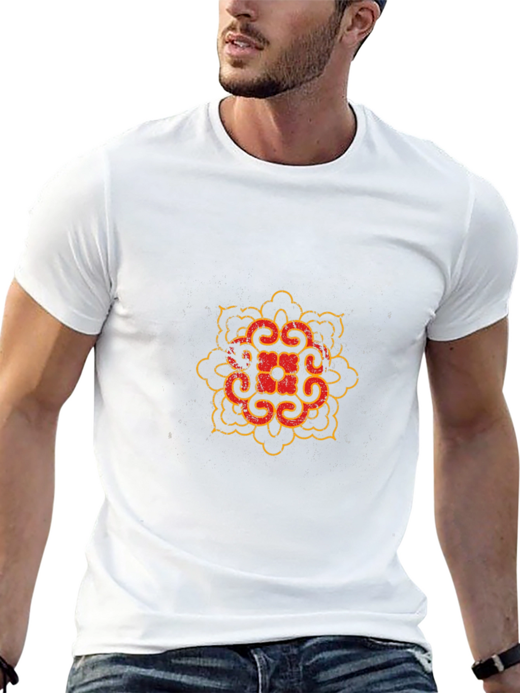 Black T-Shirt with Red and Gold Mandala Design