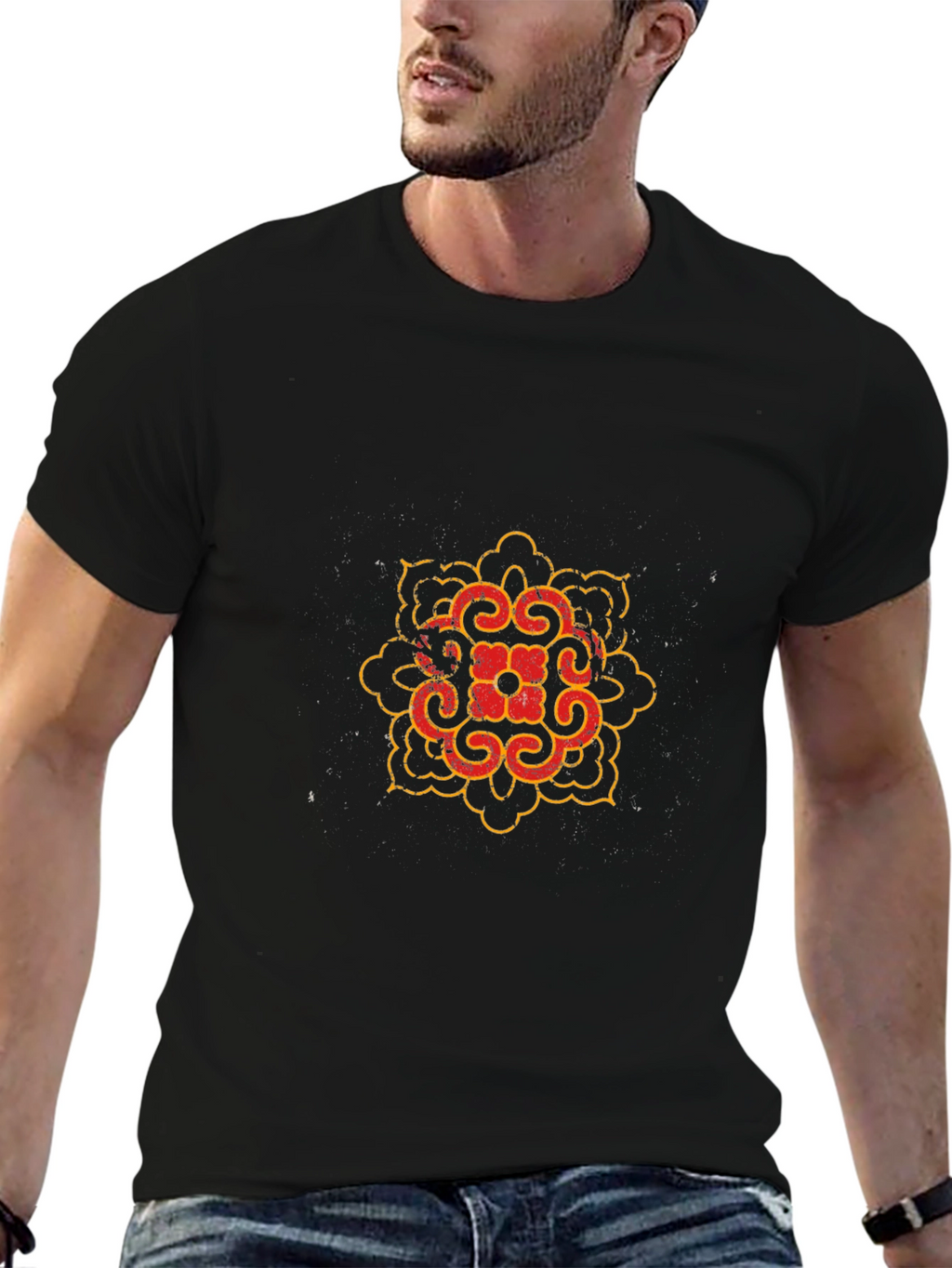 Black T-Shirt with Red and Gold Mandala Design