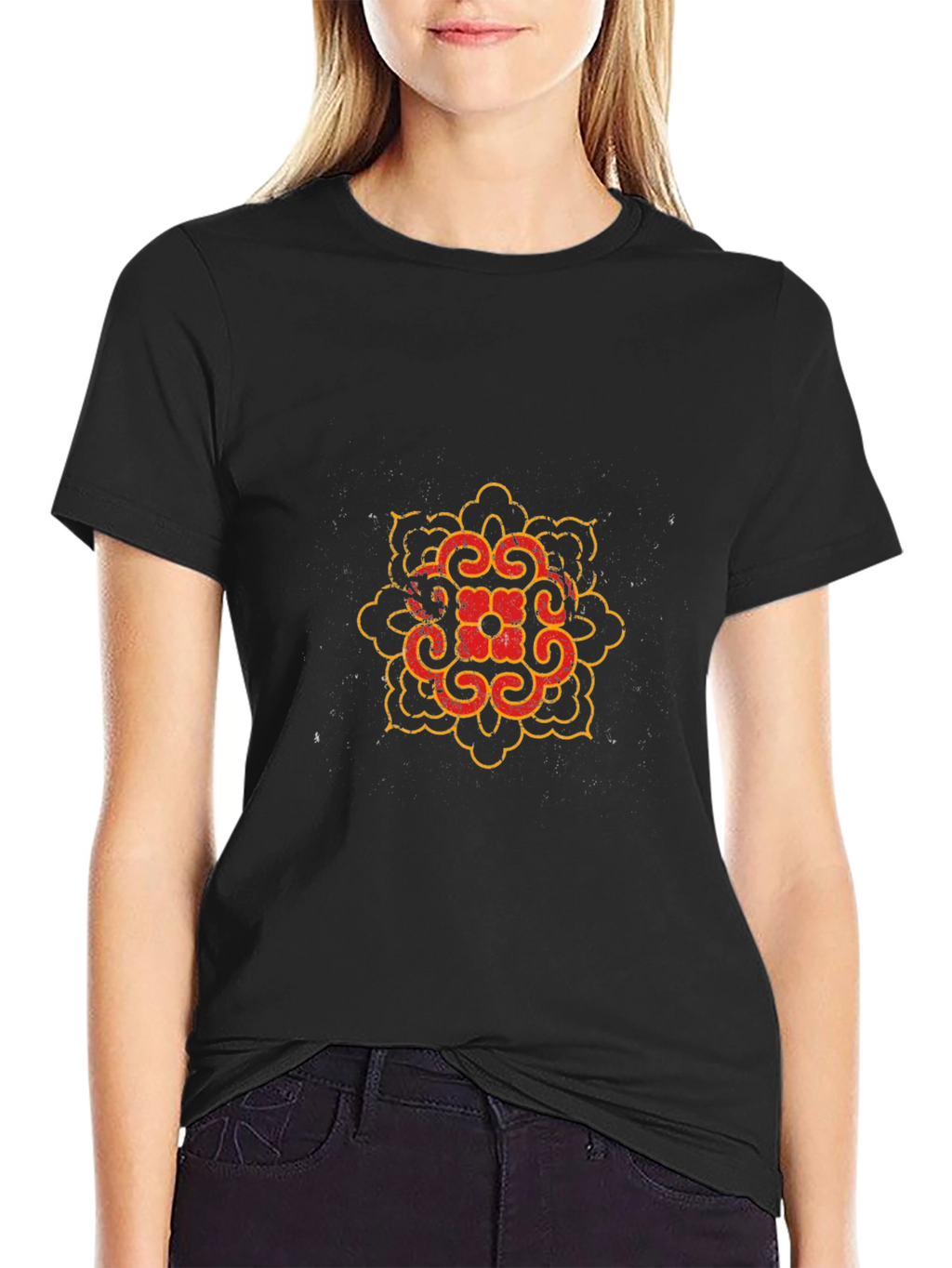 Black T-Shirt with Red and Gold Mandala Design