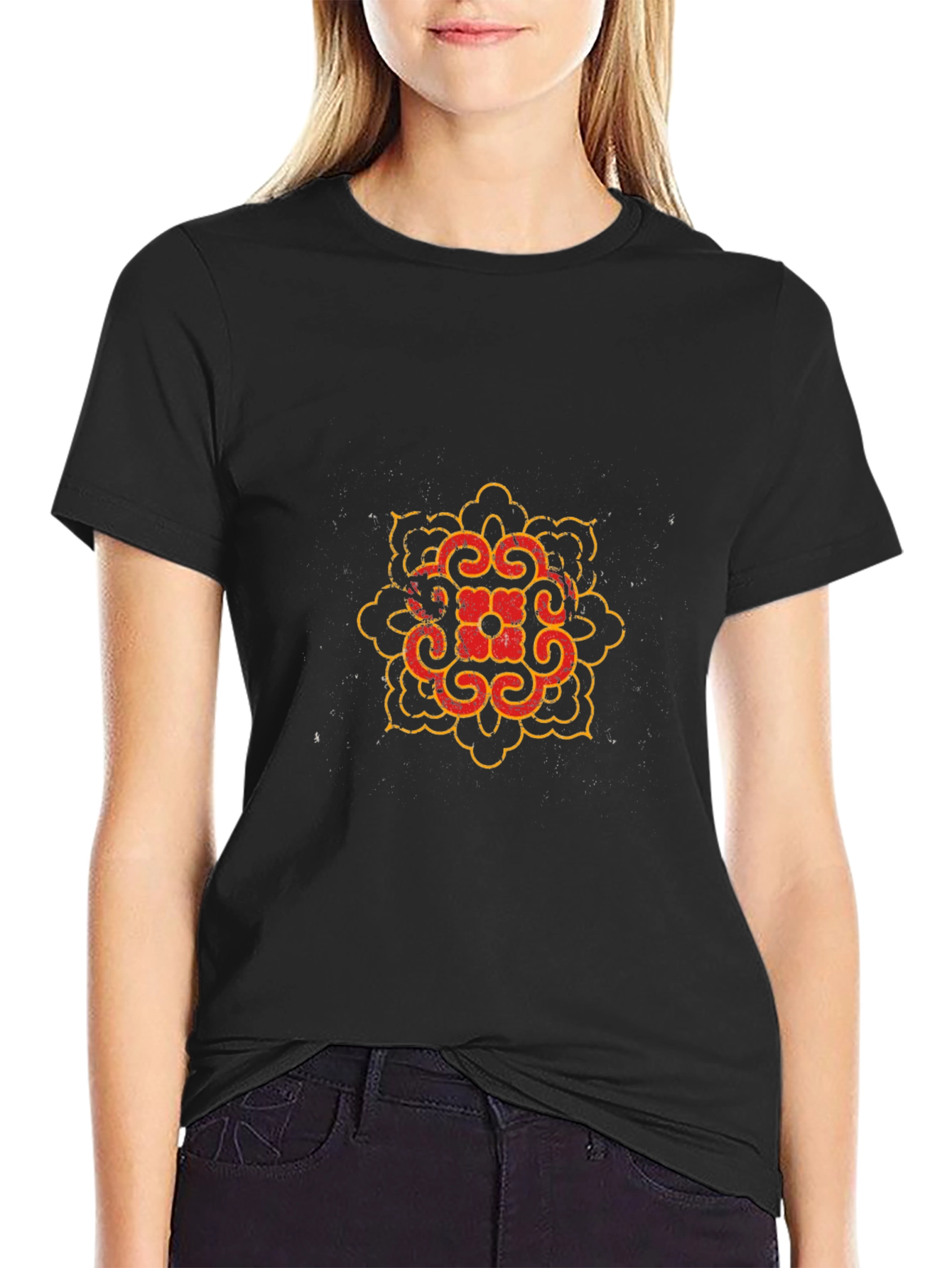 Black T-Shirt with Red and Gold Mandala Design