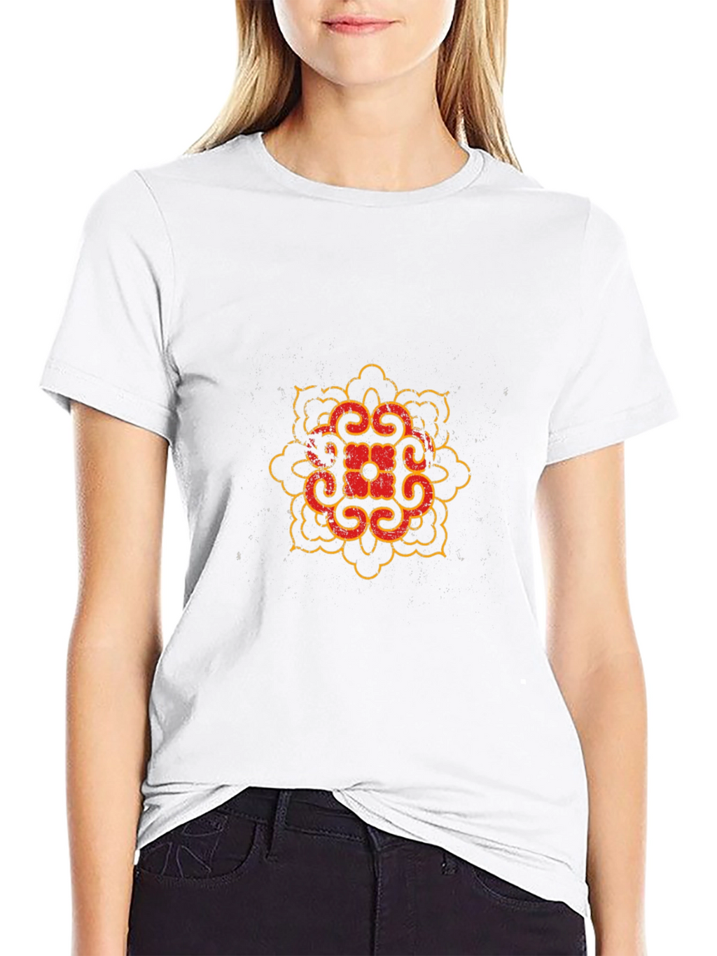 Black T-Shirt with Red and Gold Mandala Design