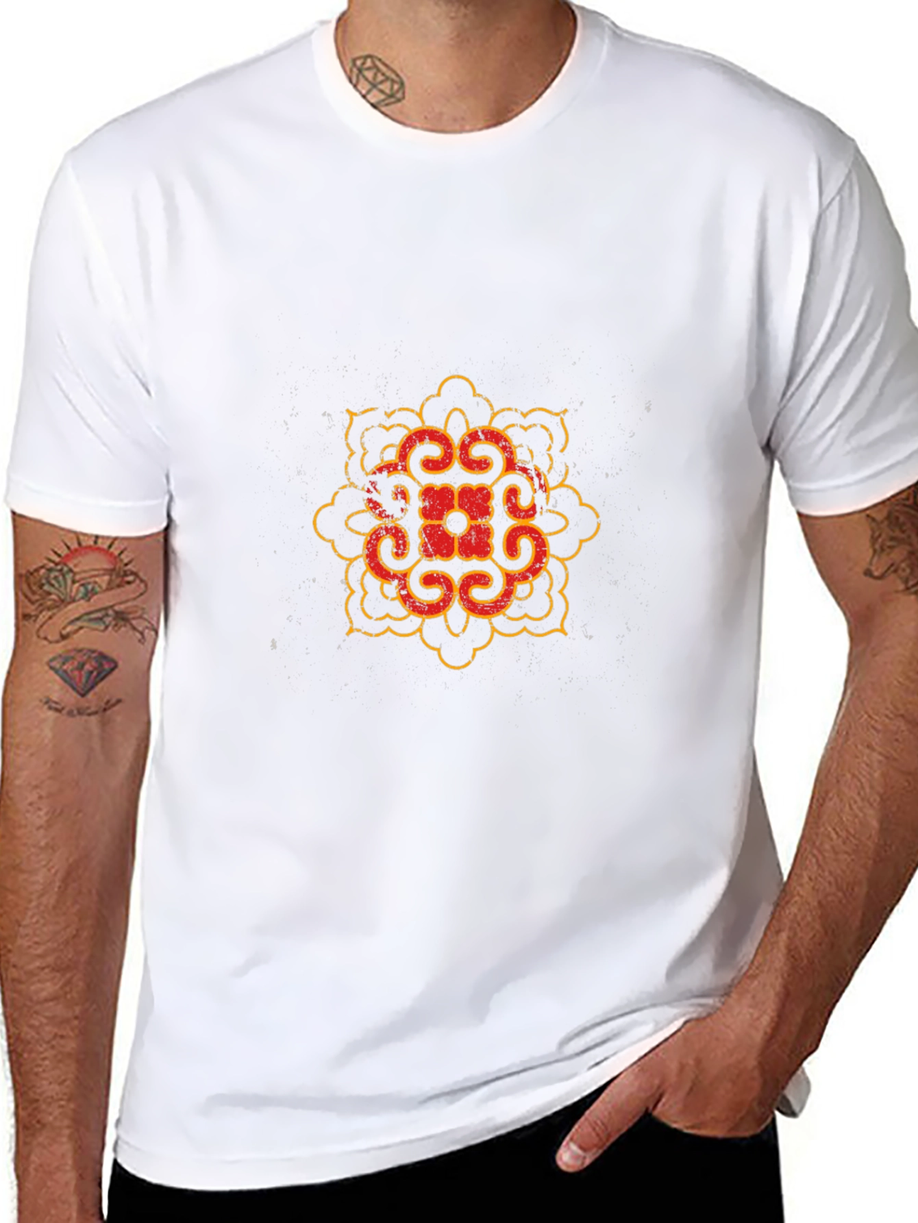 Black T-Shirt with Red and Gold Mandala Design