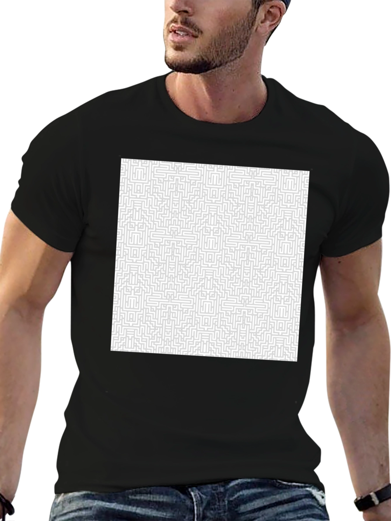 Maze Patterned T-Shirt - Black Cotton Tee