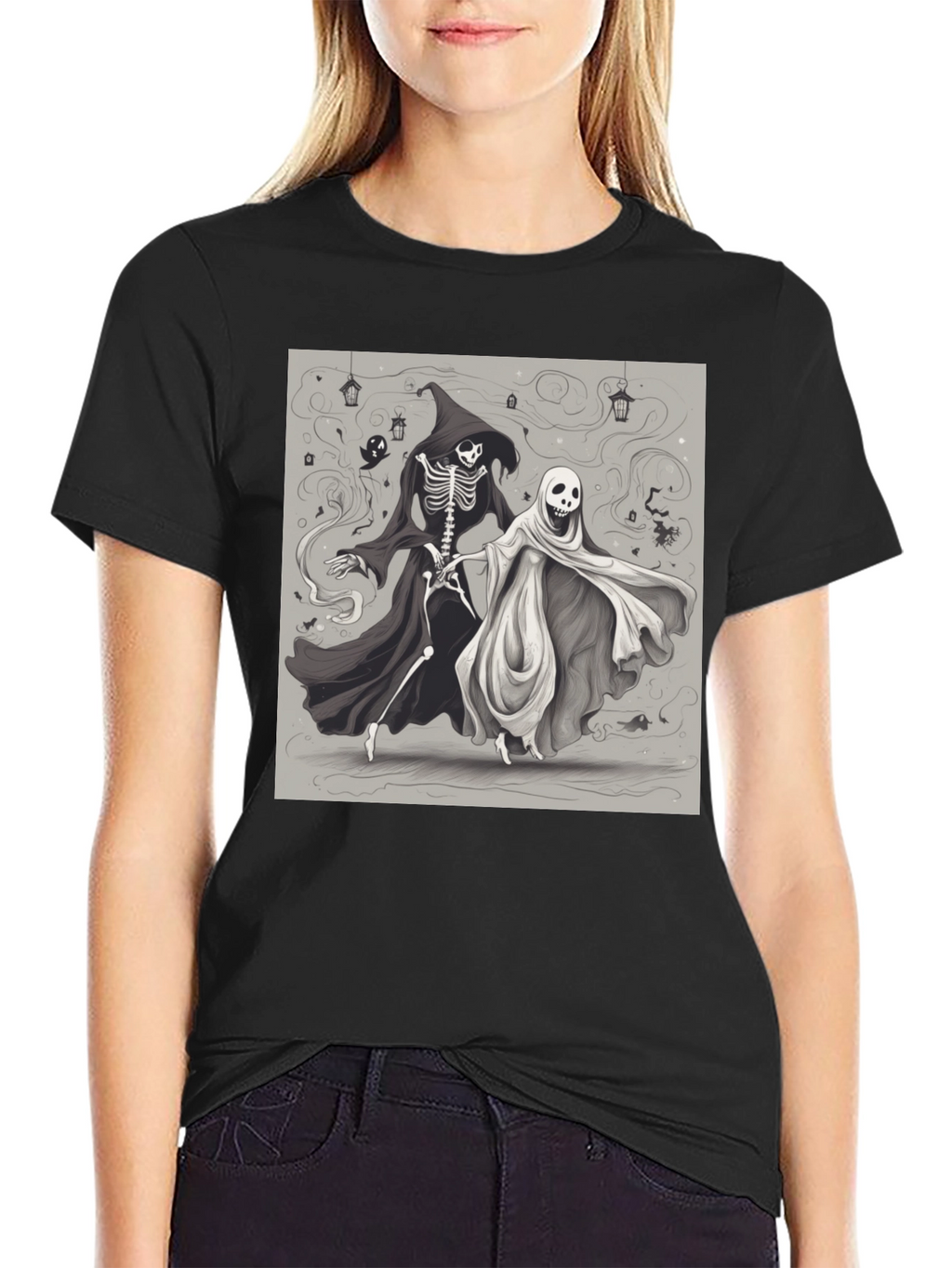 Halloween Skeleton and Ghost Graphic Tee