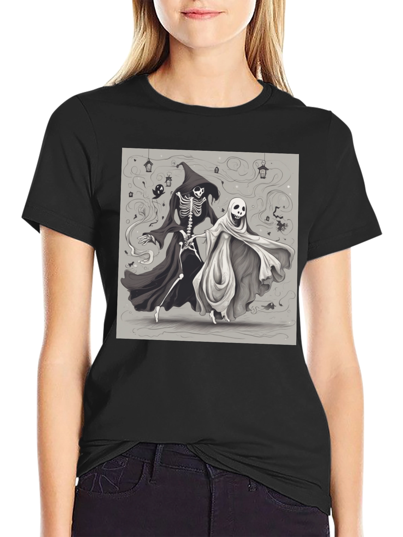Halloween Skeleton and Ghost Graphic Tee
