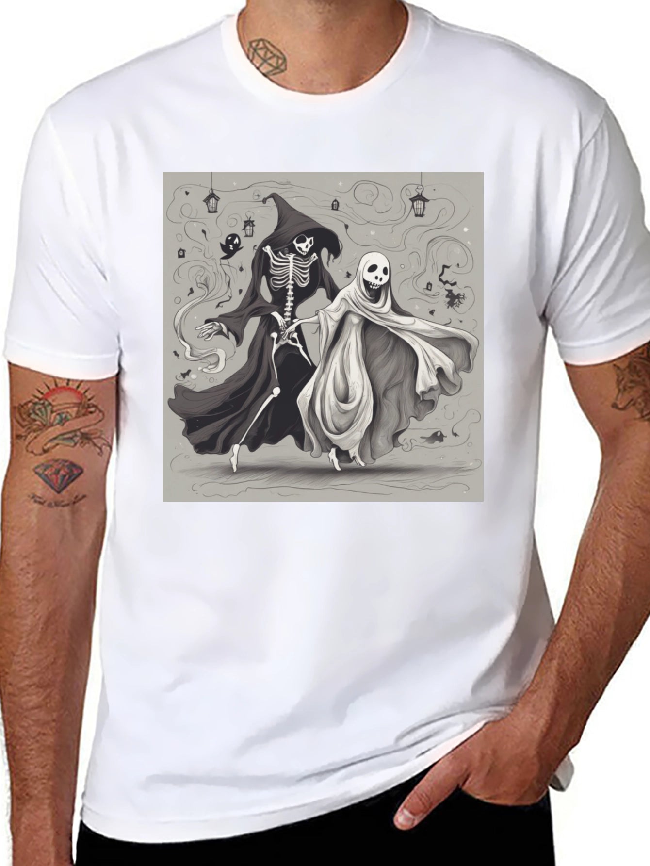 Halloween Skeleton and Ghost Graphic Tee