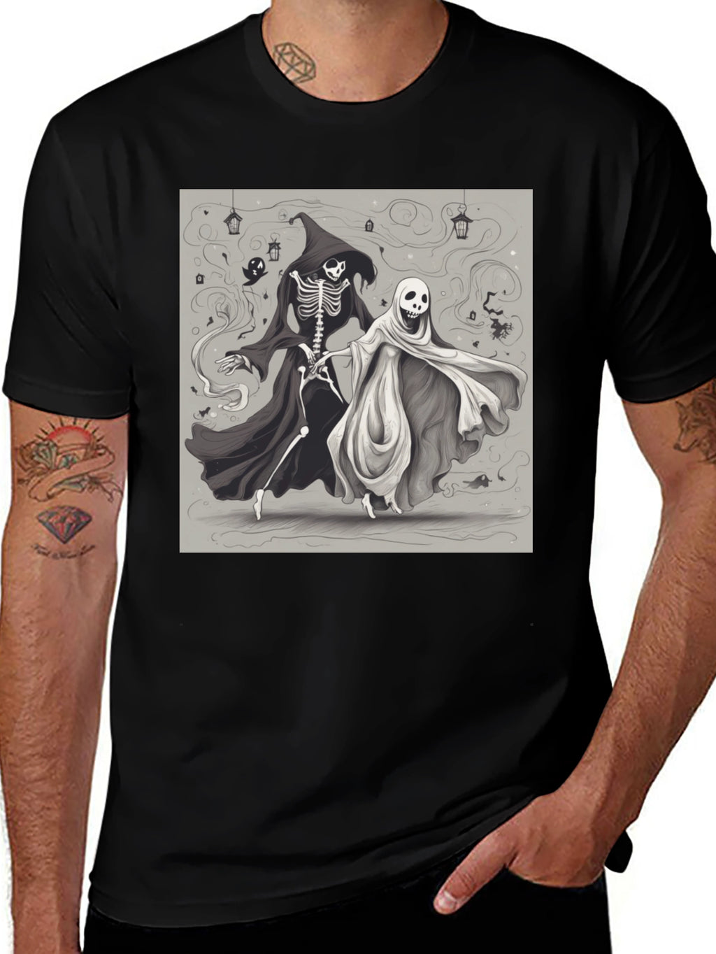 Halloween Skeleton and Ghost Graphic Tee