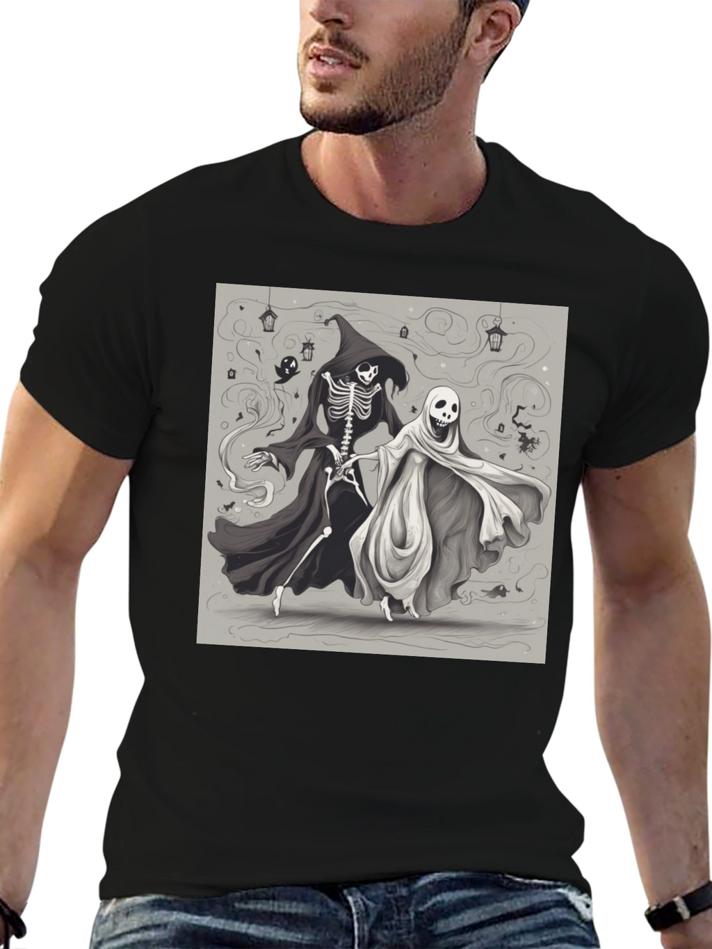 Halloween Skeleton and Ghost Graphic Tee