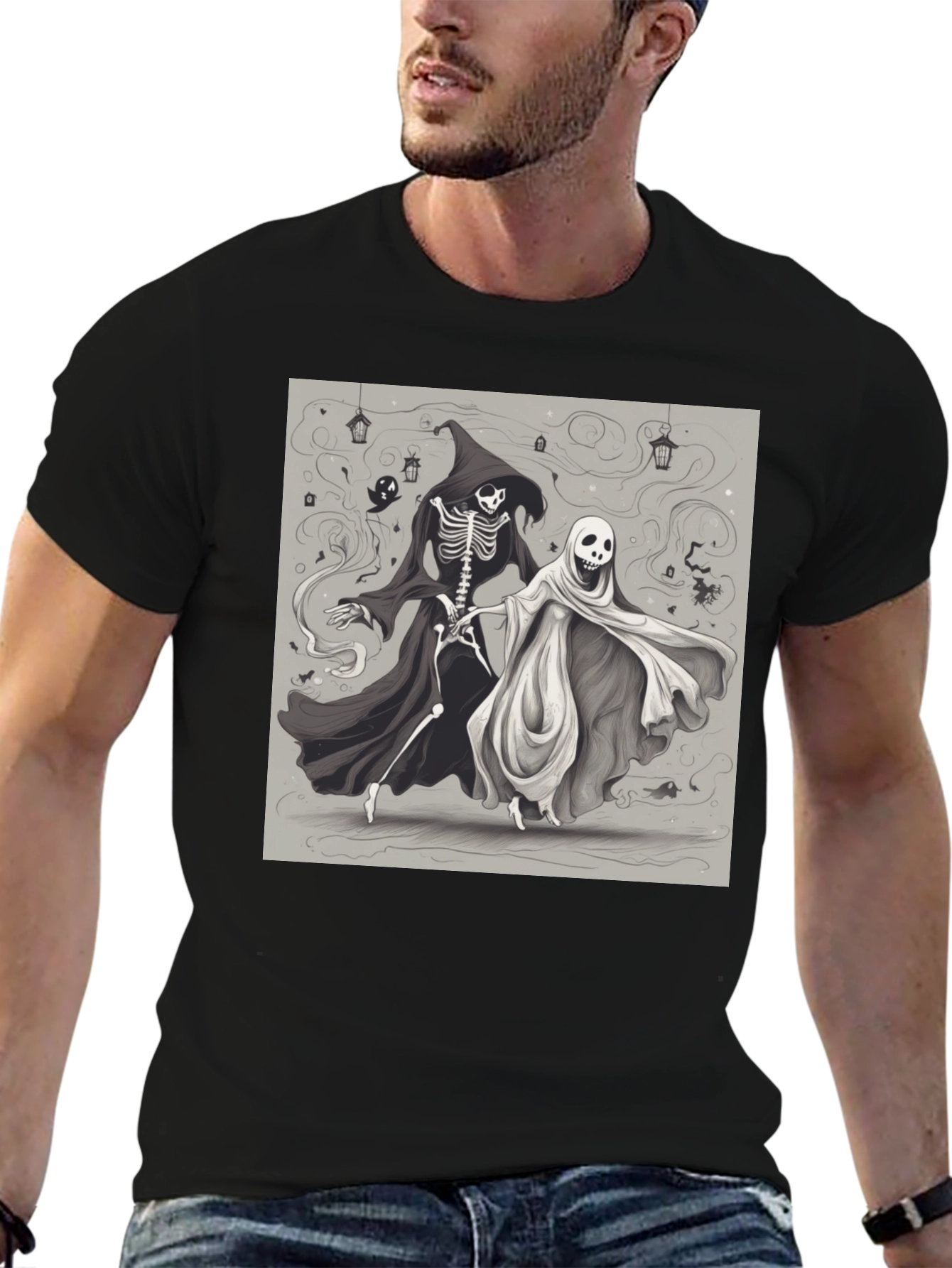 Halloween Skeleton and Ghost Graphic Tee