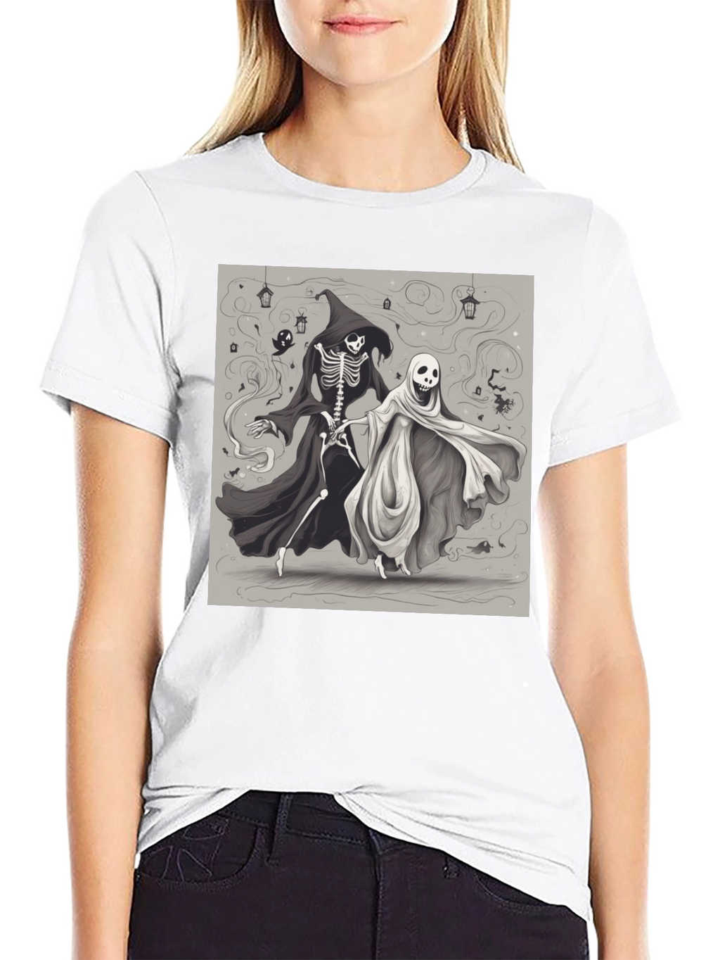 Halloween Skeleton and Ghost Graphic Tee