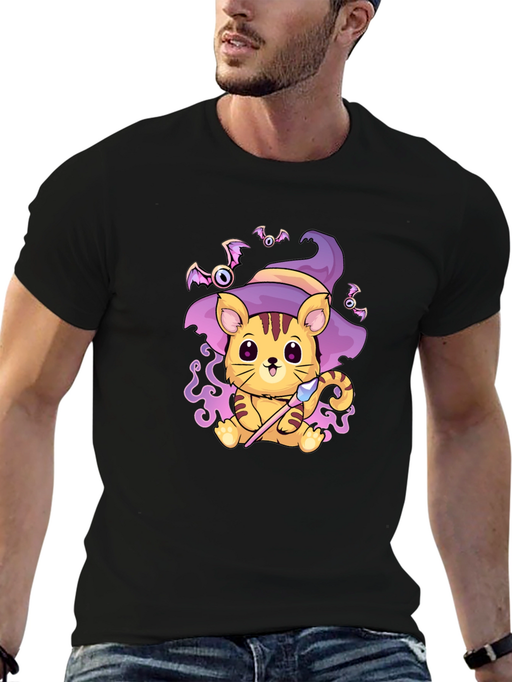 Halloween Cat Wizard Black T-Shirt