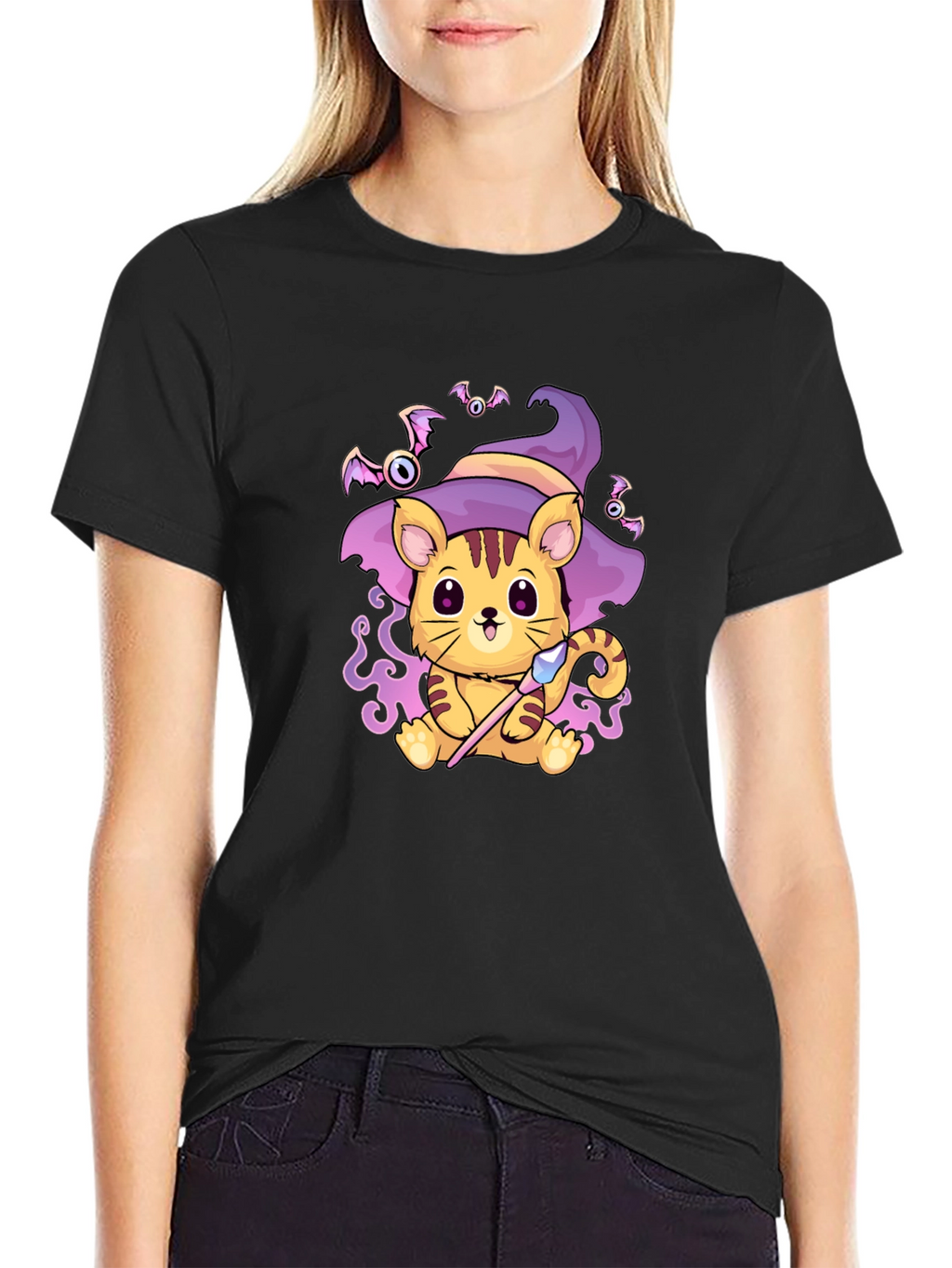 Halloween Cat Wizard Black T-Shirt