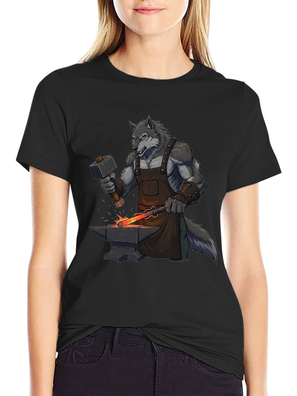 Black T-Shirt with Wolf Blacksmith Design