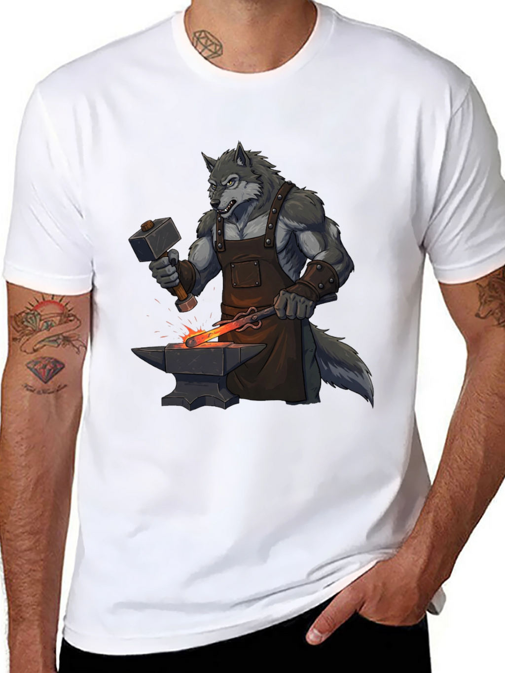 Black T-Shirt with Wolf Blacksmith Design