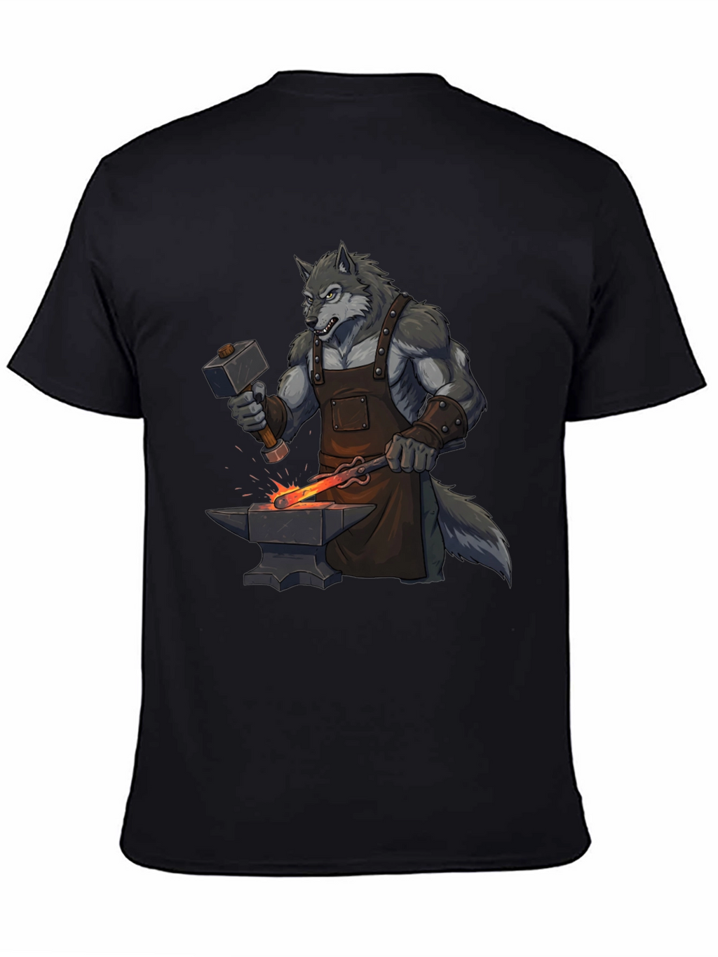 Black T-Shirt with Wolf Blacksmith Design