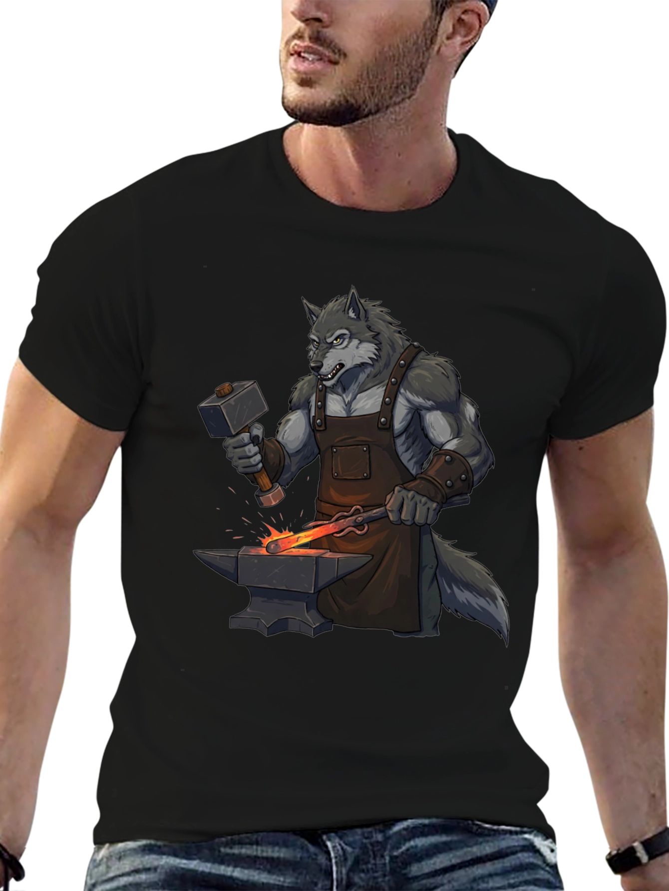 Black T-Shirt with Wolf Blacksmith Design
