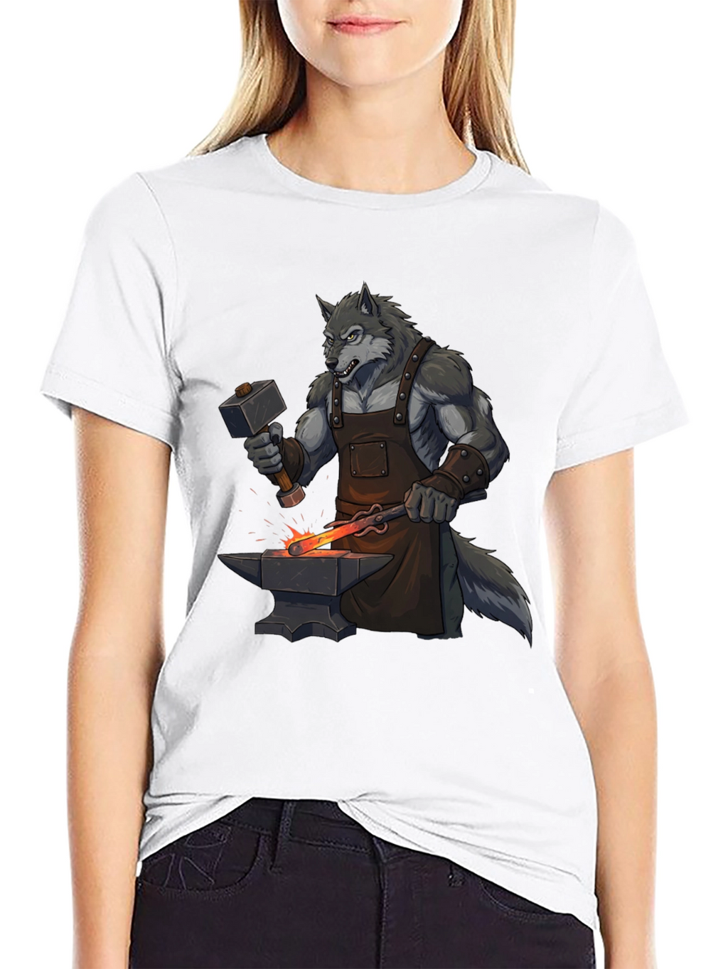 Black T-Shirt with Wolf Blacksmith Design