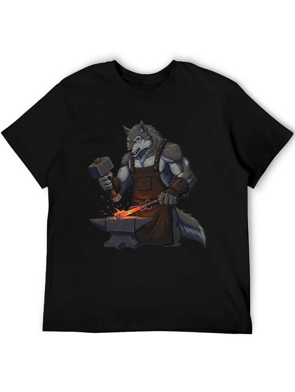 Black T-Shirt with Wolf Blacksmith Design