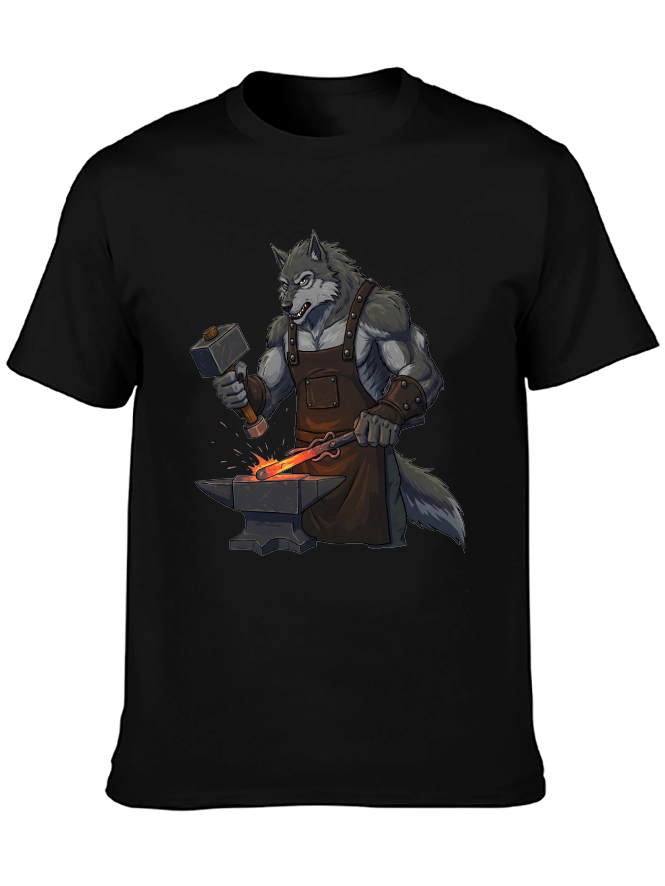 Black T-Shirt with Wolf Blacksmith Design