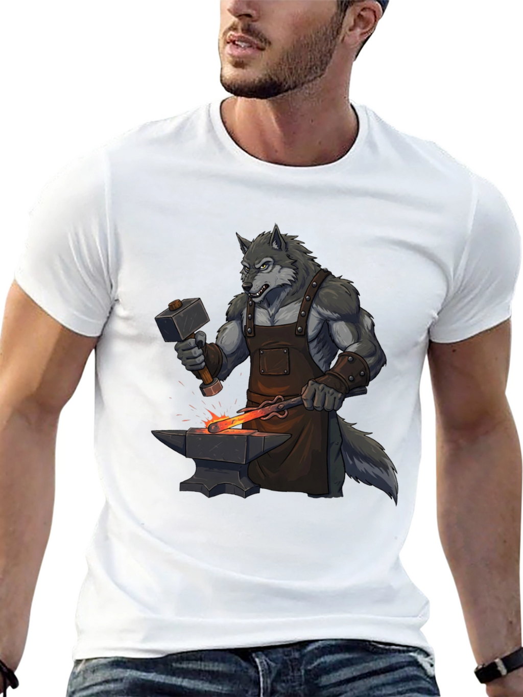 Black T-Shirt with Wolf Blacksmith Design