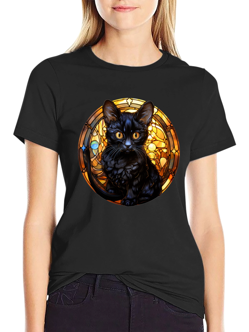 Black Cat Stained Glass Graphic Tee
