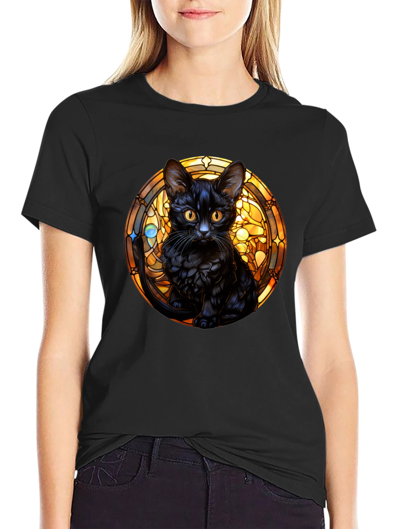 Black Cat Stained Glass Graphic Tee