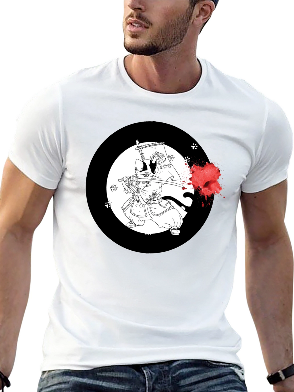 Samurai Cat T-Shirt - Black Cotton Graphic Tee